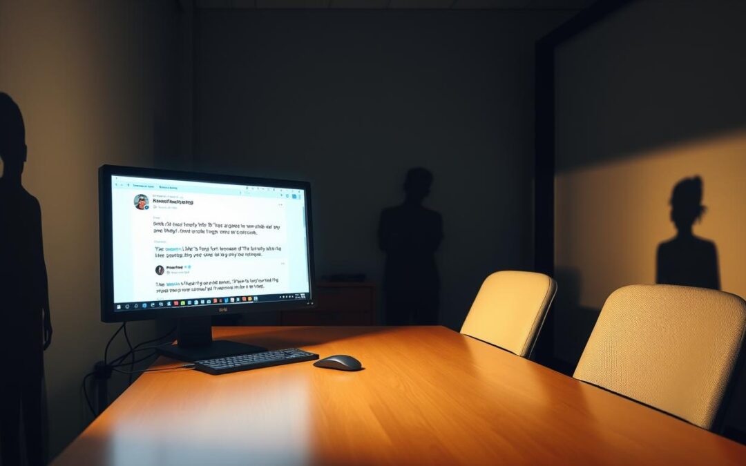 A dimly lit office space with an empty desk, a computer screen displaying negative comments, and shadows of people in the background suggesting tension and unease